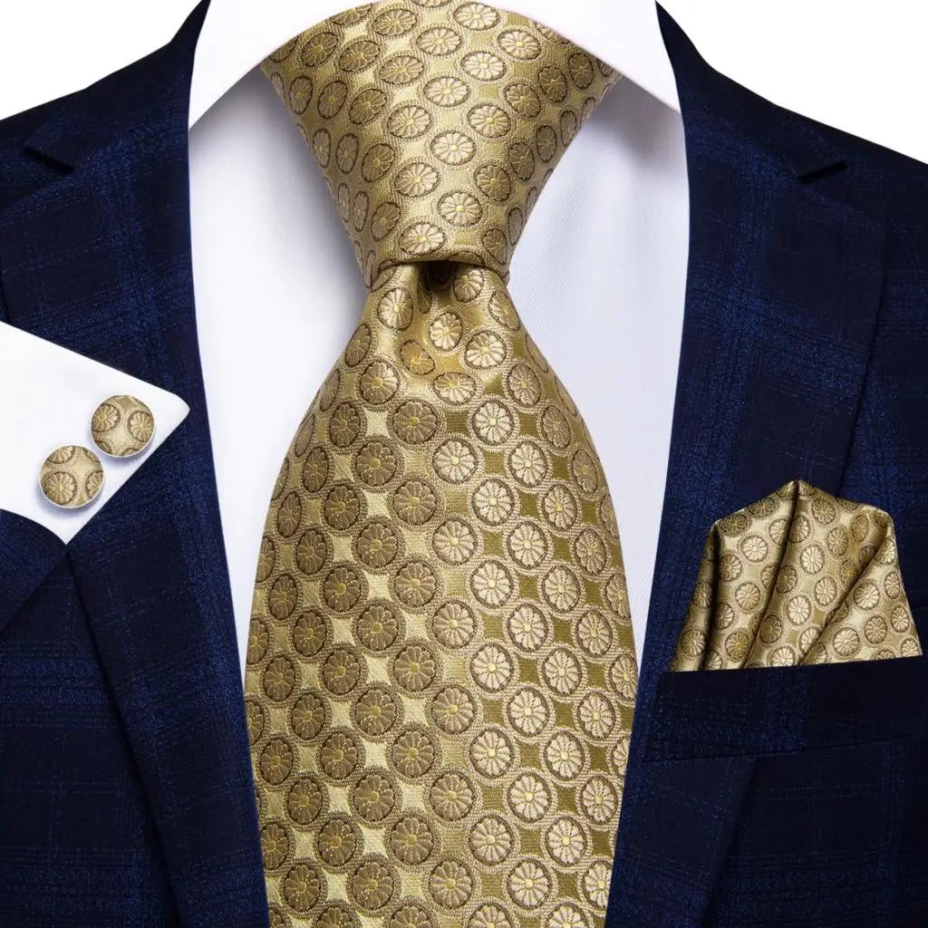 Hi-Tie Champagne Gold Striped Paisley Solid Men Silk Wedding Tie Fashion Design Necktie For Men Hanky Cufflink Business Party Good Vibrations