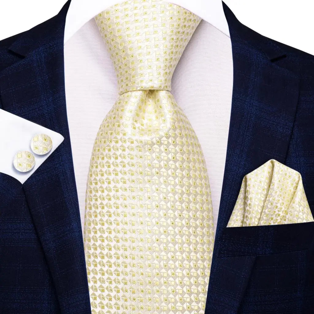Hi-Tie Champagne Gold Striped Paisley Solid Men Silk Wedding Tie Fashion Design Necktie For Men Hanky Cufflink Business Party Good Vibrations
