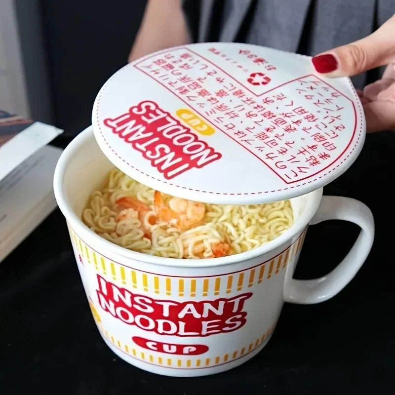 1pc Large Capacity Ceramic Instant Noodle Bowl with Cover,Perfect for Dorms and Home Kitchens - Keep Your Noodles Fresh and Warm Good Vibrations