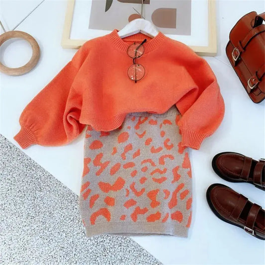 Girls Sweater Sets 2024 Autumn and Winter Knit Set Girls Orange Knit Top+Geometric Printed Skirt Two Piece Set 2-8T Kids Good Vibrations