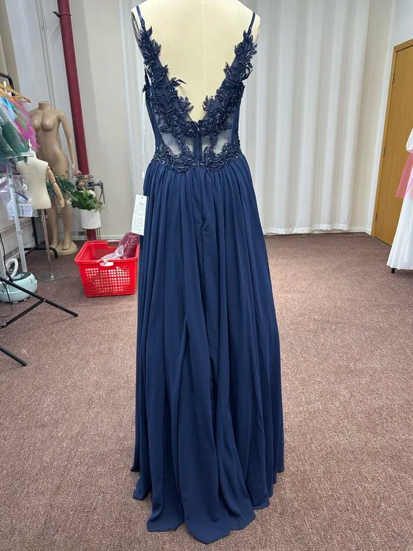 Spaghetti Straps Navy Blue A Line Evening Dresses 2025 Elegant Beaded Appliques Illusion Prom Gowns Formal Party Vestido De Gala Good Vibrations