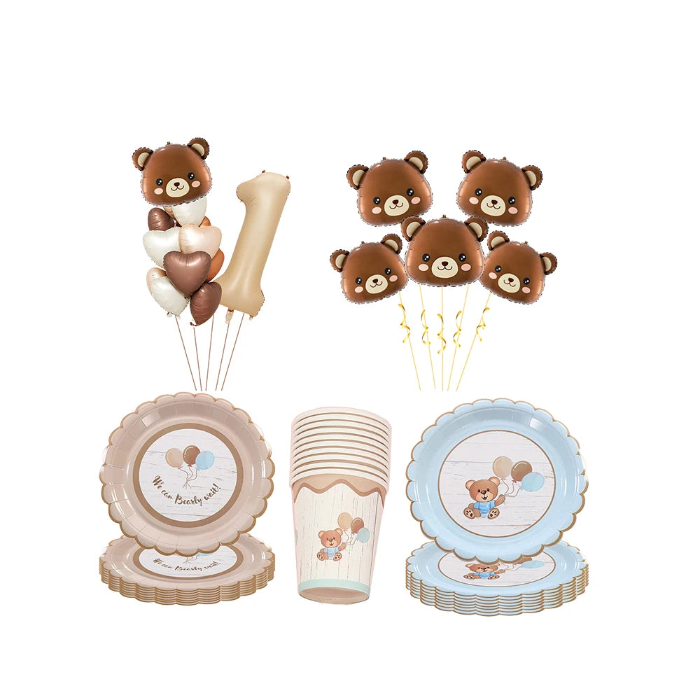 Baby shower Teddy Bear Birthday Party Plates Cup Tableware Kids 1st Birthday Party Decor Teddy Bear Balloon Birthday Party decor