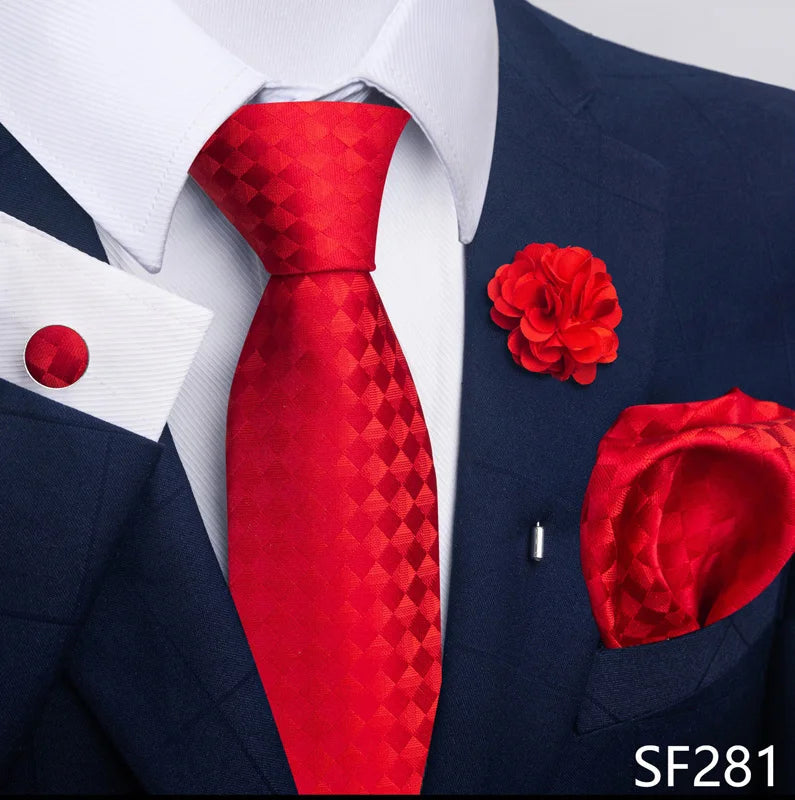 Luxury Mens Ties Floral Black Gold Ties Paisley NeckTie Pocket Square Cufflinks Brooch Set Men's Wedding Party Tie Good Vibrations