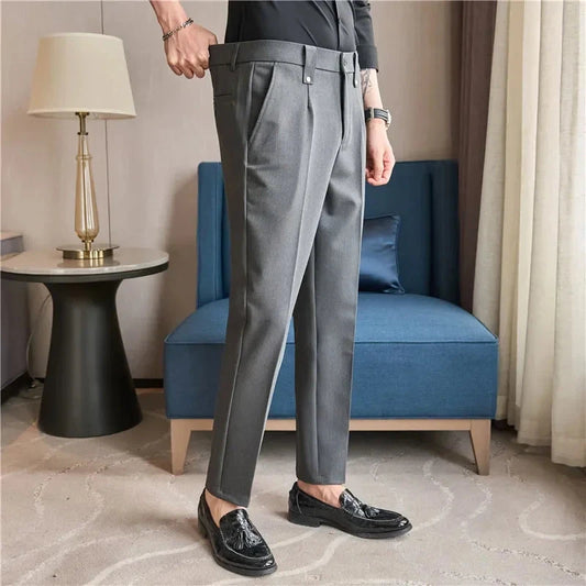 Mens Suit Pants 2025 Autumn New British Style Elastic Waist Solid Casual Formal Dress Pants Slim Fit Trousers for Men Clothing Good Vibrations