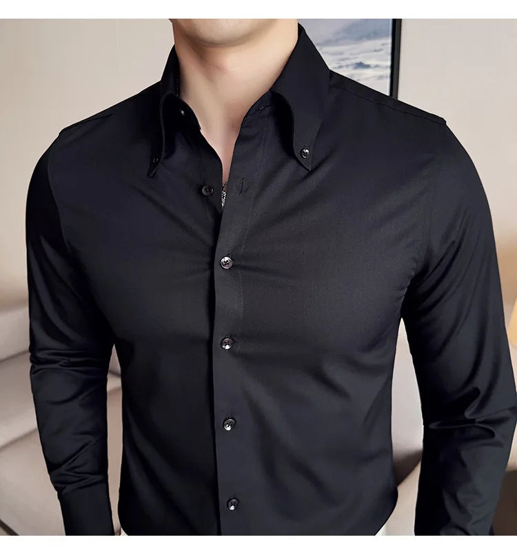 High Quality Versatile Business Casual Shirt Men Korean Fashion Long Sleeved Slim Fit Shirt Office Work Uniform Men Clothing 6XL Good Vibrations