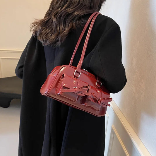 Bow Pocket Design Women's Shoulder Bag Vintage Pu Leather Ladies Small Underarm Bags Fashion Female Luxury Handbags Tote Purse Good Vibrations