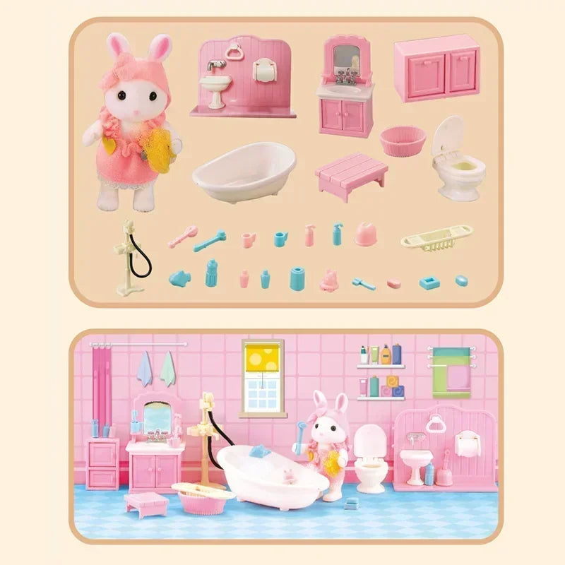 New Forest Family Microfilm Furniture Bathroon Kitchens Dining Bed Wardrobe Model Play House 1/12 Doll house Toys Birthday Gifts Good Vibrations