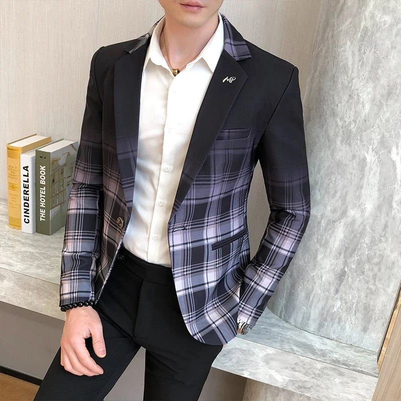 Blazer Men Boutique Fashion Plaid Men's Slim Casual Suit Jacket Male Ball Social Blazer Suit Coat Host Clothing Good Vibrations