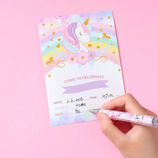 12pcs Invitation Card Unicorn Rainbow Balloon Envelope Card Girl Unicorn Theme Party Invitation Happy Birthday Party Decoration Good Vibrations