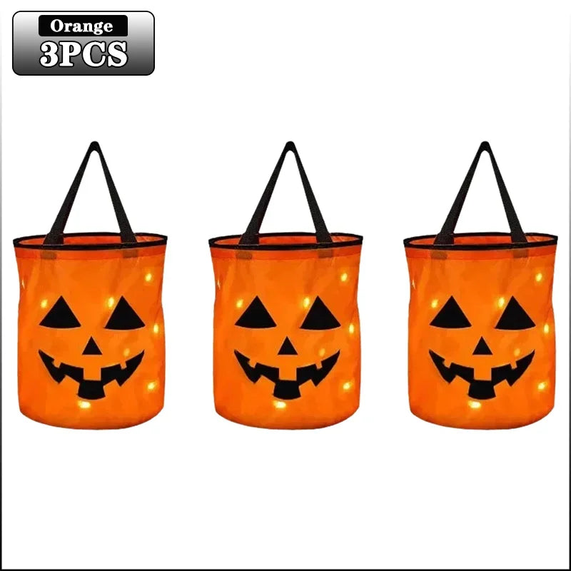 1-20PC LEDLight Up Halloween Pumpkin Candy Tote Bag Basket for Kids Trick or Treat Party Bucket for Holiday Event Decoration Use Good Vibrations