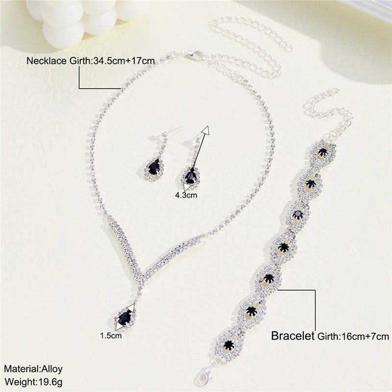 3 Pcs Luxury Rhinestone Bride Jewelry Set for Women Black Water Drop Crystal Earrings Wedding V Necklace Eye Bracelet Fashion Good Vibrations Adult Super Store