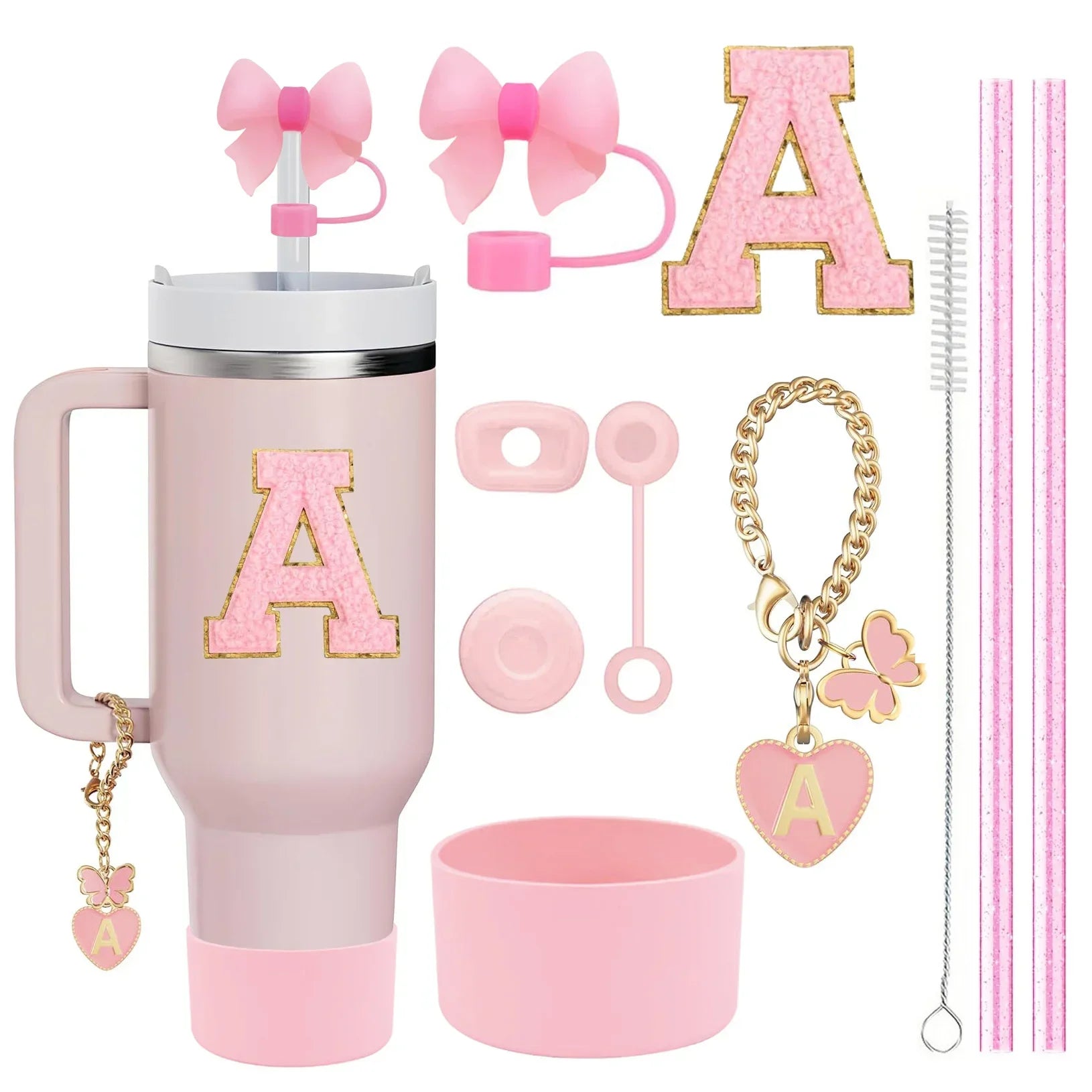 10PCS Accessories Set for Stanley Cup, 2 Straw and Brush and 1 Flower Charm Chain 3 Spill Proof Stopper Flowers Straw Cover Boot Good Vibrations