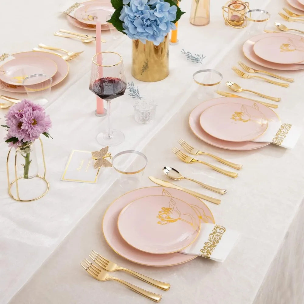 175PCS Pink Plastic Plates-Disposable Plates Include 50Plates, 25Forks, 25Knives, 25Spoons, 25Cups, 25Napkins Perfect Good Vibrations