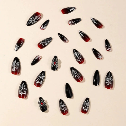 Halloween Fake Nails with 3D Metal Spider Designs Almond Black Red Press on Nails Women Girls Halloween Party False Nails 24Pcs Good Vibrations