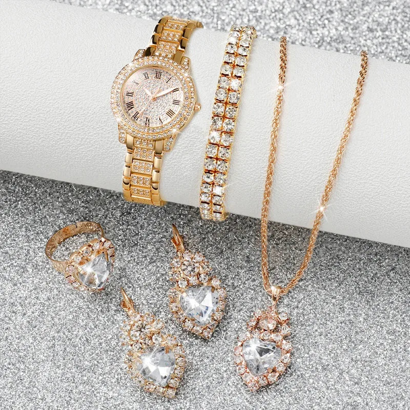 6PCS/Set Fashion Full Diamond Women's Watch Gold Steel Band Quartz Watches Diamond Jewelry Set Good Vibrations