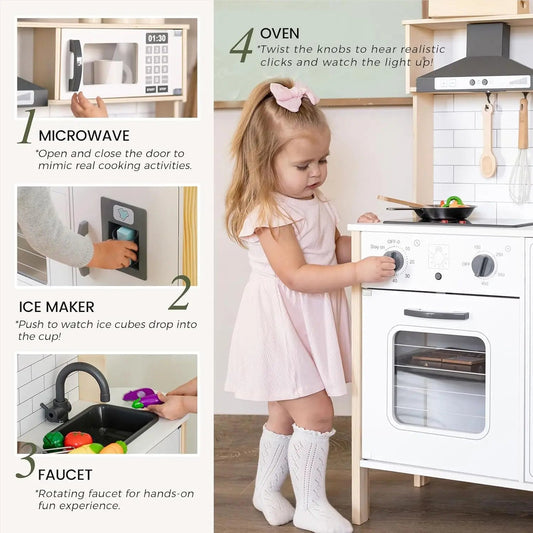 Play Kitchen for Kids, Wooden Kids Play Kitchen Playset Chef Pretend Play Set for Toddlers with Real Lights & Sounds, Toys Kitch Good Vibrations