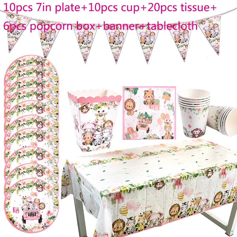 Pink Jungle Safari Birthday Decorations Animal Disposable Tableware Forest Woodland Baby Shower for Girl Birthday Party Supplies Good Vibrations