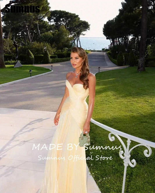 Sumnus Charming Mermaid Yellow Prom Dress Sweetheart Pleats Sleeveless Party Dresses Floor-Length Evening Dress Customized Good Vibrations