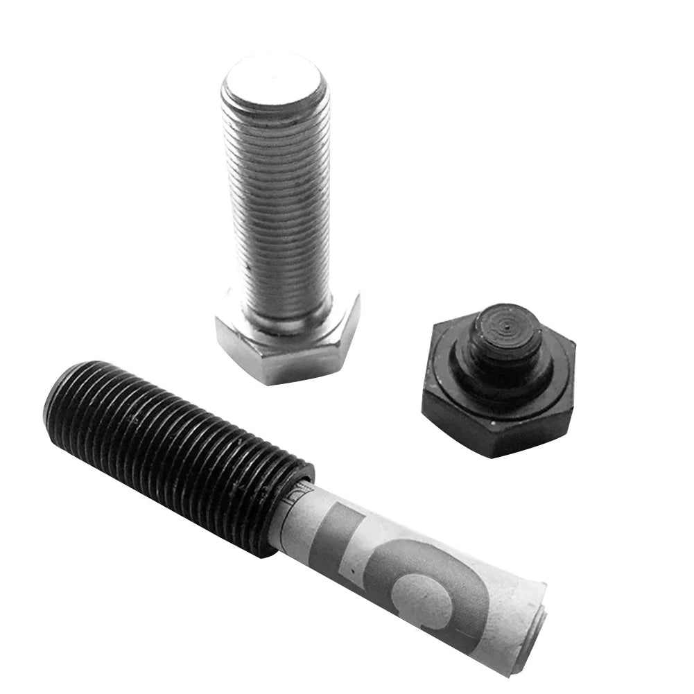 Metal screw bolt stash safe with hidden compartment for cash and valuables.