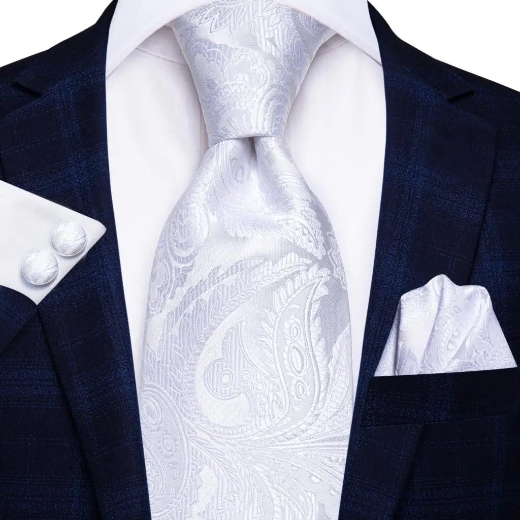 Men's Ties White Sliver Hanky Cufflinks Set Silk Neck ties For Men Wedding Party Business Mens Tie 2022 New Fashion Brand Hi-Tie Good Vibrations