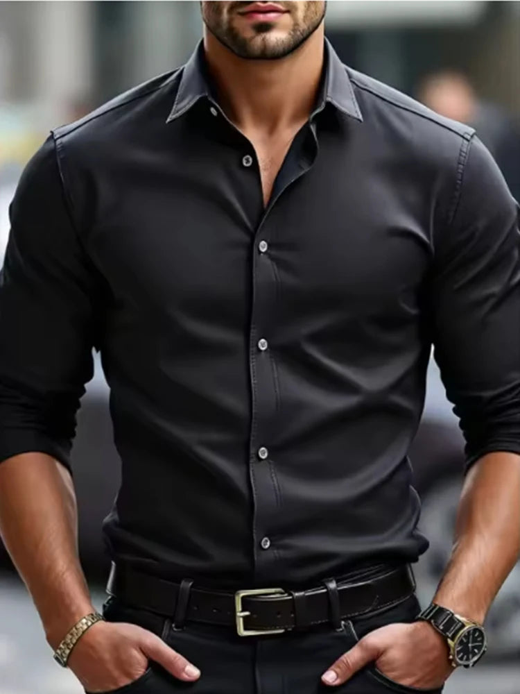 New men's formal black shirt summer long-sleeved thin business casual breathable no-iron slimming solid color Good Vibrations