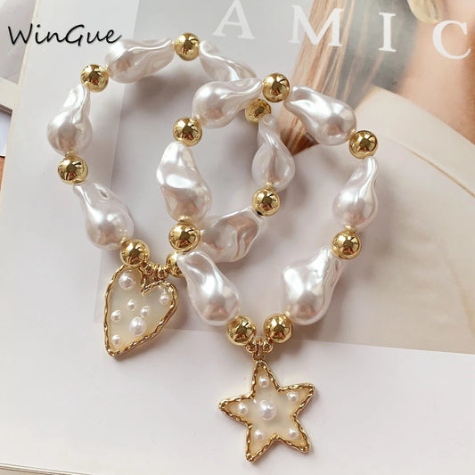 1 Pcs Baroque Imitation Pearl Bead Bracelet Women's Jewelry 18K Gold Plated Elastic Bracelet Good Vibrations