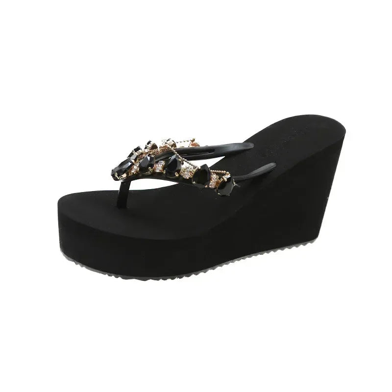 Flip Flops Women New High Heeled Slippers Women Diamond Slope Heel Slippers Elegant Fashion Beach Sandals Womens Sexy Shoes Good Vibrations