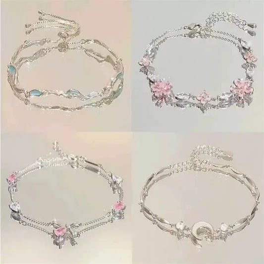 Elegant Crystal Flowers Bracelet For Women Y2K Sweet Girls Moon Cherry Blossom Bow Zircon Bracelets Luxury Designer Jewelry Gift Good Vibrations Adult Super Store