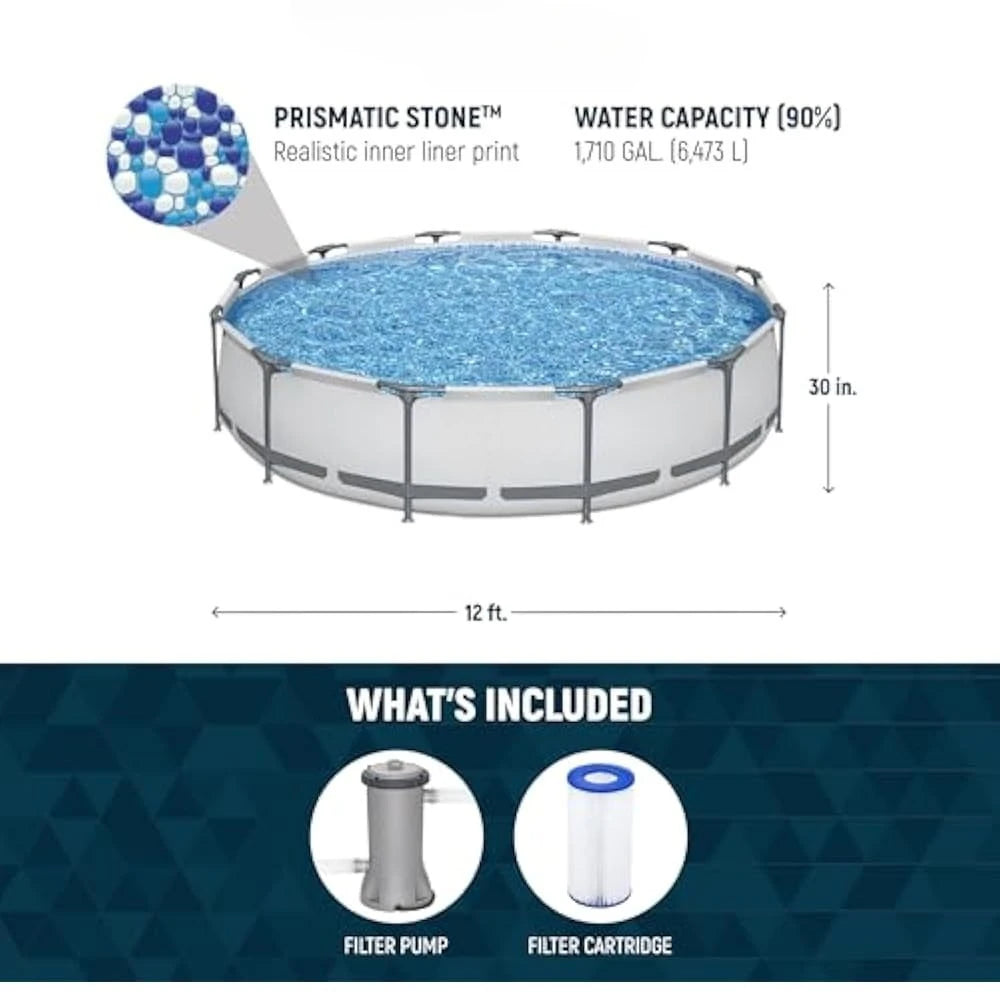 12 Foot by 30 Inch Round Above Ground Swimming Pool Set Outdoor Metal Frame Family Pool with Filter Pump Good Vibrations