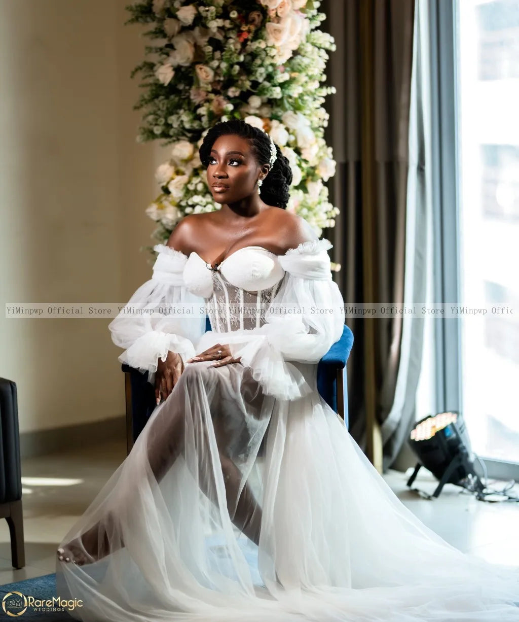 White Bride Robes for Wedding Tulle Lace Bridal Shower Dresses Off Shoulder Long Sleeve Side Split Sweep Train A Line Customized Good Vibrations