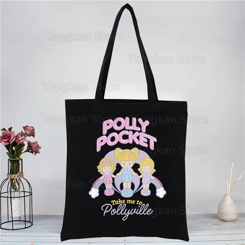 Kawaii Polly Pocket Shopping Bag Women Canvas Tote Bags Printing Eco Bag Cartoon Shopper Shoulder Bags Black Good Vibrations