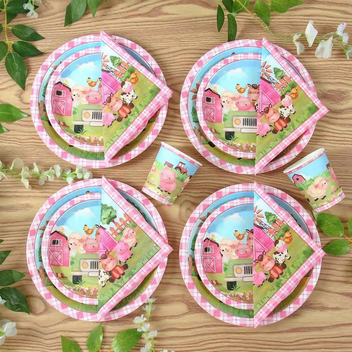 Pink Farm Party Birthday Decorations Disposable Tableware Paper Plates Cups Napkin Baby Shower Kids Girls Birthday Party Decor Good Vibrations