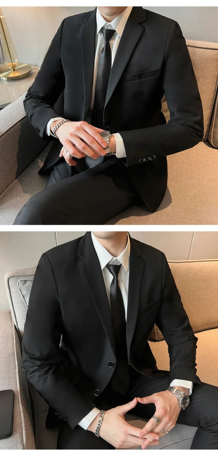 Suits for Men Korean Fashion Long Sleeve Slim Fit Wedding Business Blazer Black Professional Formal Suit Pants Sets Ropa Hombre Good Vibrations