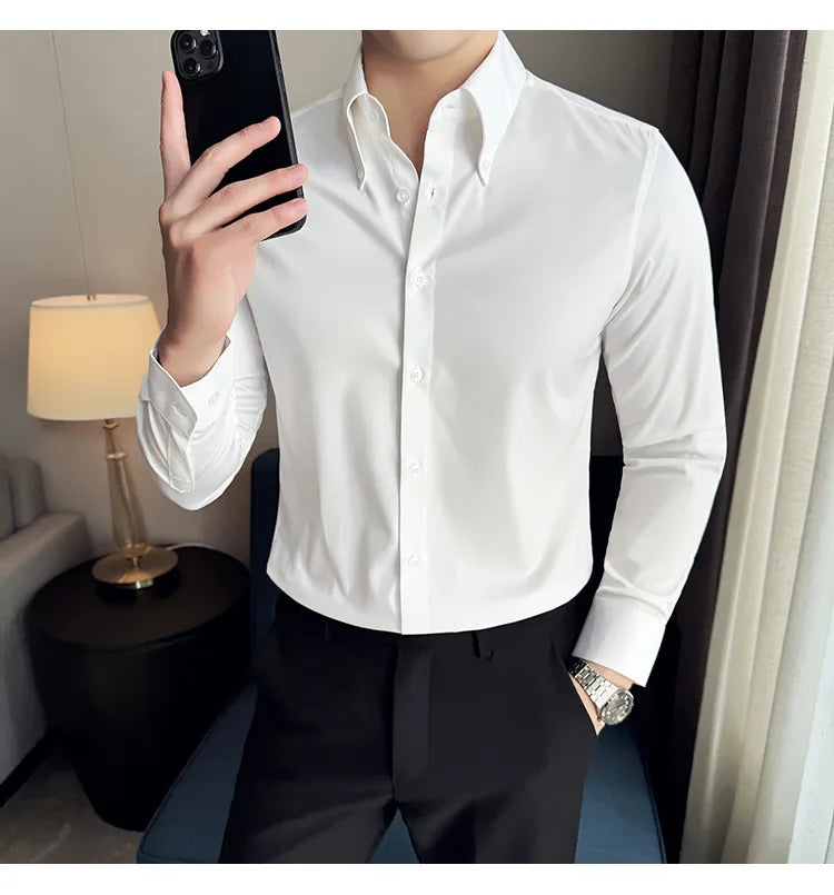 High Quality Versatile Business Casual Shirt Men Korean Fashion Long Sleeved Slim Fit Shirt Office Work Uniform Men Clothing 6XL Good Vibrations