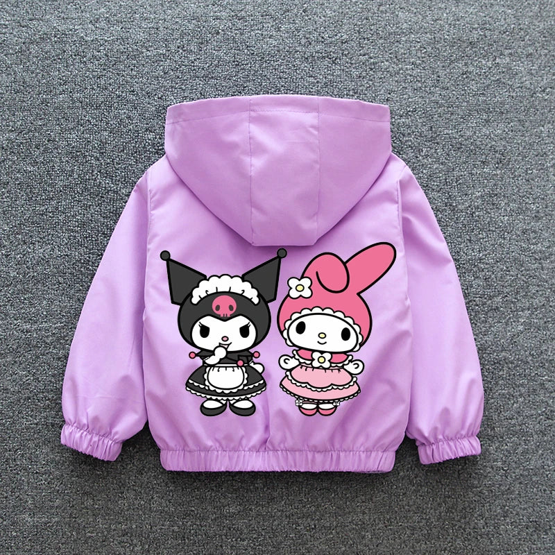 Kuromi Melody Girls Windbreaker Jacket 2024 New Spring Autumn Kid Fashion Cartoon Zipper Hooded Coat Teen Clothing Birthday Gift Good Vibrations