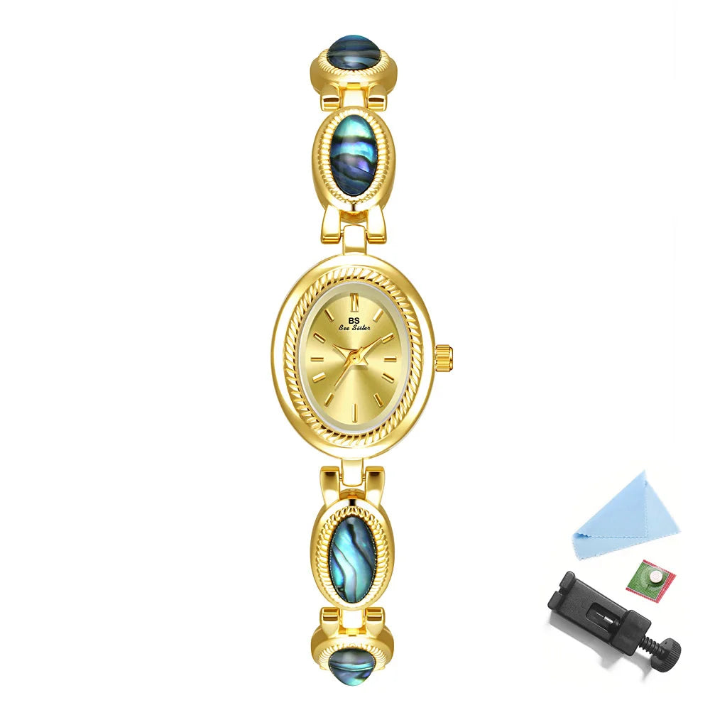 Watches For Woman Elegant Vintage Black Gold Shell Bracelet Ladies Small Dial Oval Quartz Dress Watch Good Vibrations