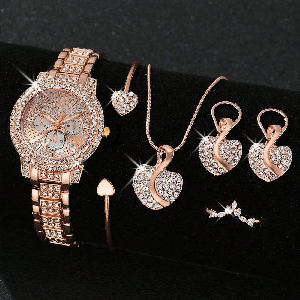 Women's Quartz Watch Gold Luxury Women Ring Necklace Earring Rhinestone Fashion Wristwatch Casual Ladies Watches Jewelry Set  Good Vibrations