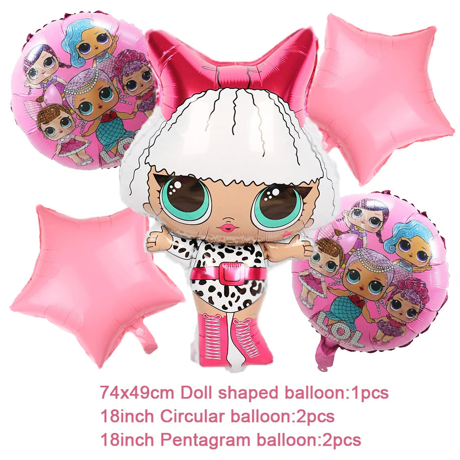 Girl Surprise Theme Backdrop Cute Shiny Doll Birthday Party Decoration Pink Latex Balloon Disposable Tableware Plate Cake Topper Good Vibrations