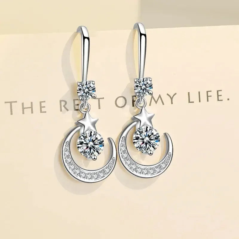 Female Fashion Star Moon Earrings 925 Sterling Silver White Sapphire Pink Blue White Artificial Dangle Earrings Good Vibrations Adult Super Store
