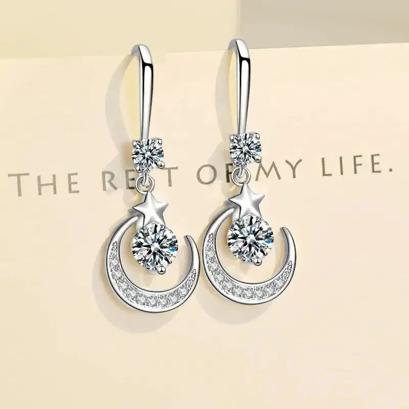 Female Fashion Star Moon Earrings 925 Sterling Silver White Sapphire Pink Blue White Artificial Dangle Earrings Good Vibrations Adult Super Store