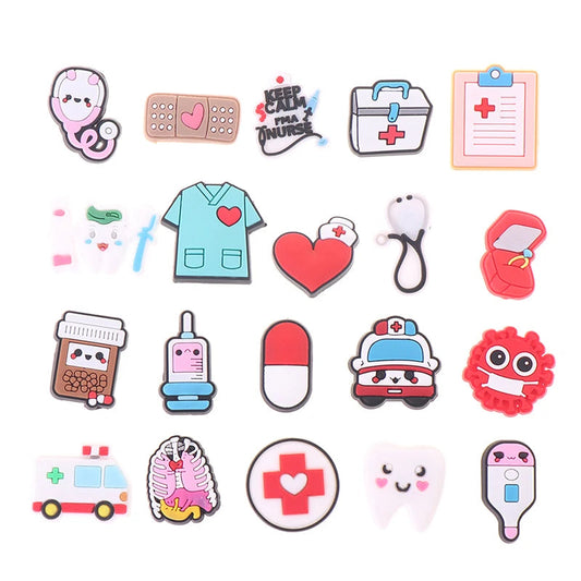 10PCS/Pack Medical PVC Shoe Charms Cute Stethoscope Syringe Shoe Buckle Decoration Jibz Fit Croc Kids X-mas Gifts Random Good Vibrations