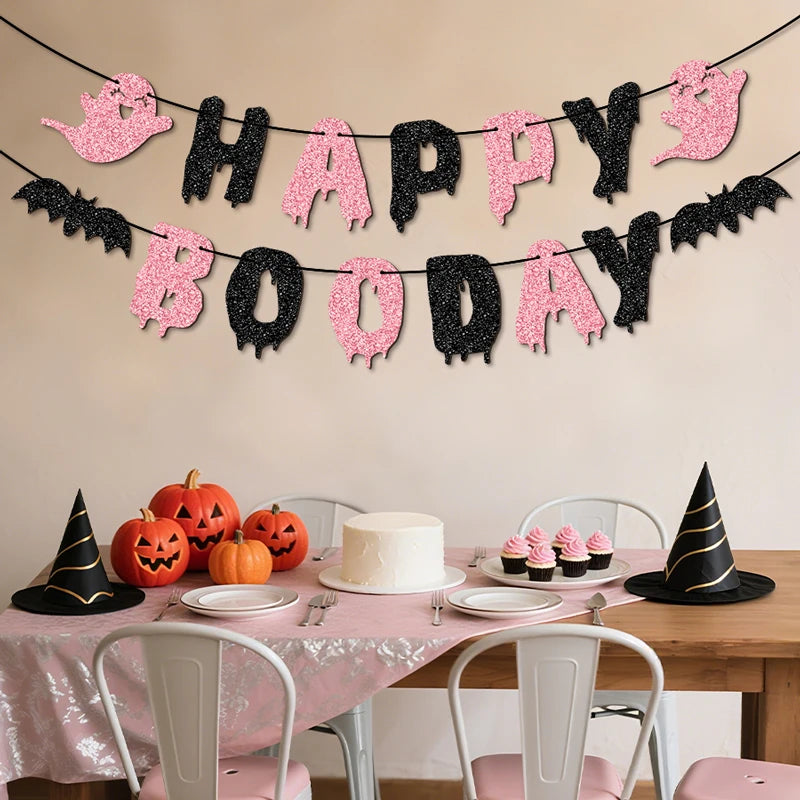 YOMDID Glitter Birthday Banner Happy Boo Day Party Banner Happy Letters Halloween Ghosts and Bats Happy Birthday Decorations Good Vibrations