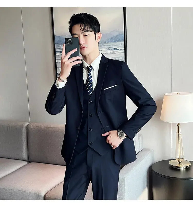 Suit (suit +Vest+Pants) Formal Business Men Four Seasons Professional Fashion Gentleman Solid Color Outdoor British Style Suit Good Vibrations