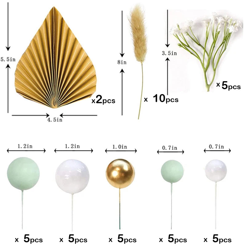 Suit Gold Palm Leaf Paper Fan Happy Birthday Cake Topper Metal Ball Flower Baby Shower Party Cupcake Decor Wedding Cake Toppers Good Vibrations