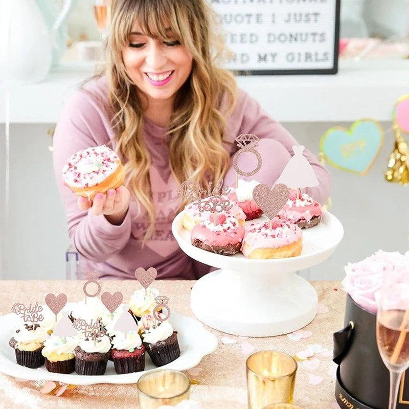 12/24pcs Bride to Be Diamond Ring Cupcake Toppers Wedding Bridal Shower Cake Decorations Rose Gold Bachelorette Party Supplies Good Vibrations