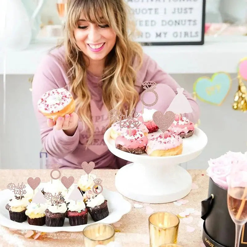 12/24pcs Bride to Be Diamond Ring Cupcake Toppers Wedding Bridal Shower Cake Decorations Rose Gold Bachelorette Party Supplies Good Vibrations