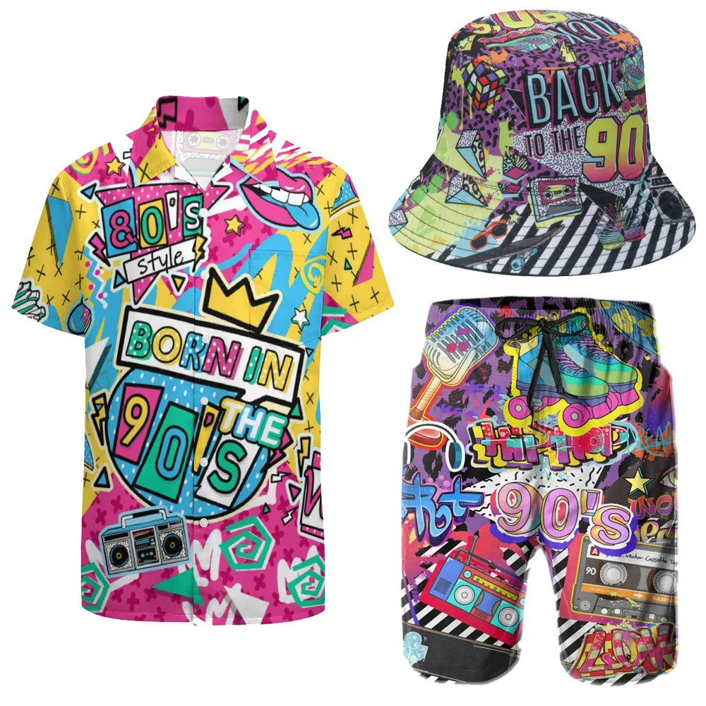 Men's 2 Pieces 80S 90S Outfit Retro 90S Shirts and Shorts Set Vintage Active Tracksuits Outfits with Hat Halloween Carnival Suit Good Vibrations