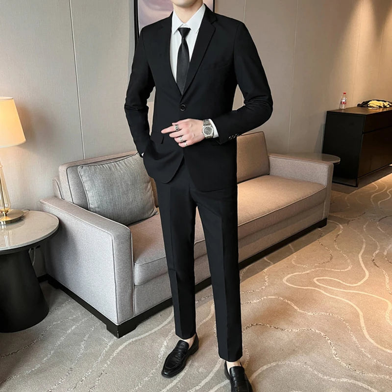 Suits for Men Korean Fashion Long Sleeve Slim Fit Wedding Business Blazer Black Professional Formal Suit Pants Sets Ropa Hombre Good Vibrations
