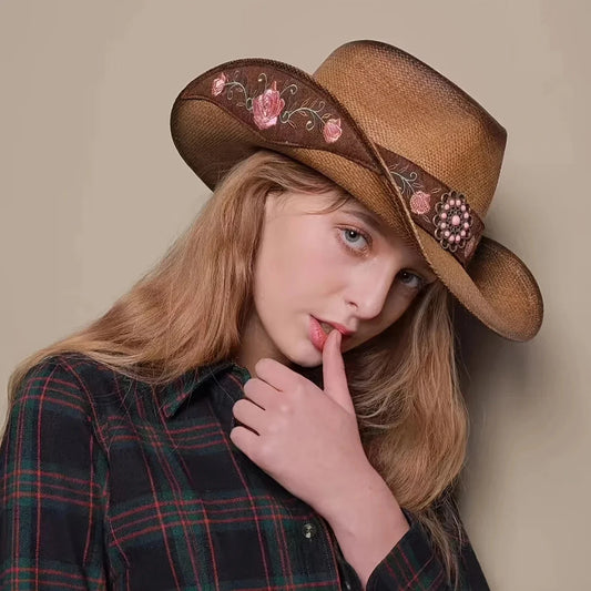 Large-brimmed Western Cowboy Hat, Outdoor Riding Hat, Beach Sun Hat, Ethnic Embroidered Flower Hat, Dance Party Hat Beach Hat Good Vibrations