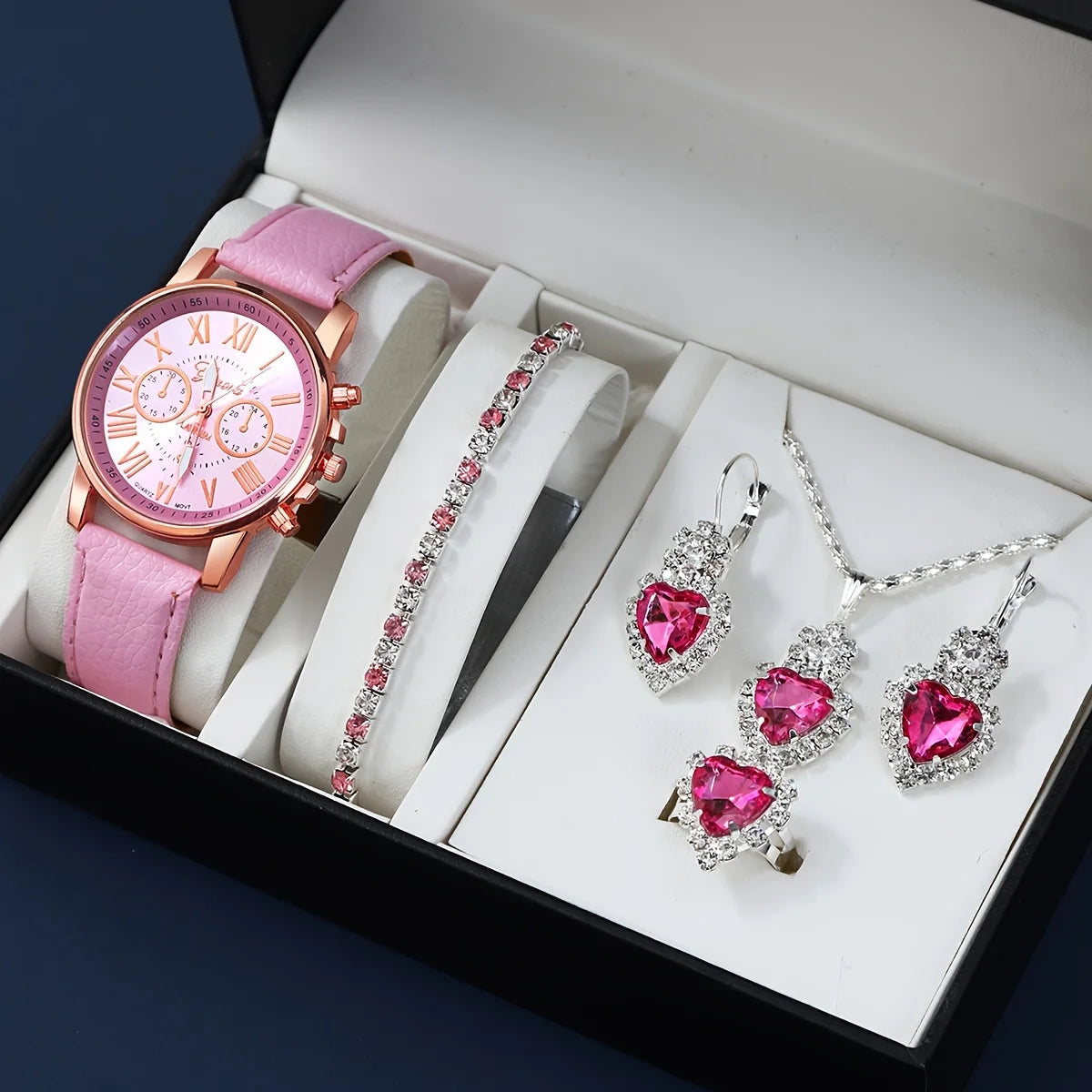 Fashion quartz watch and jewelry set, shock resistant circular analog digital display, PU leather strap, zinc alloy case Good Vibrations